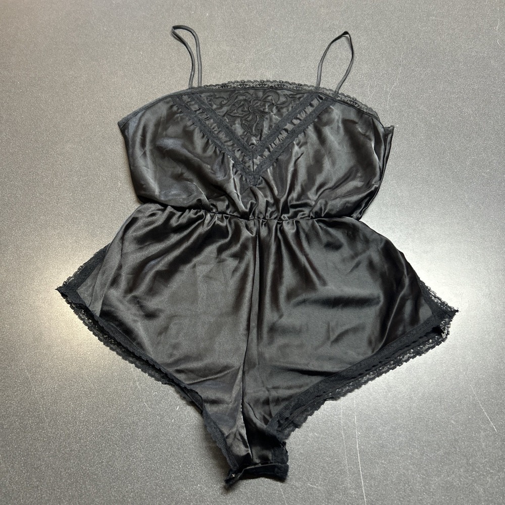 Vintage Black Satin Teddy Bodysuit Lace Trim Women's Size L Romantic Goth